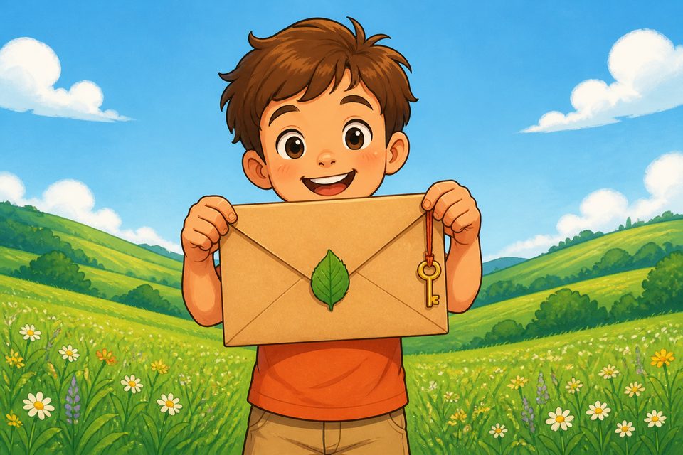 Un copil ține un plic cu o frunză verde și o cheiță - linkul de resetare ajunge pe e-mail